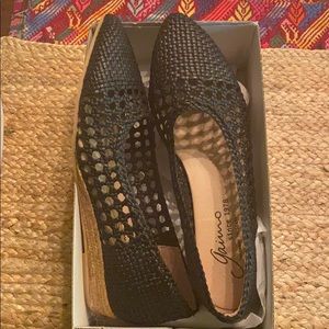 Made in Spain black leather woven ballet wedge